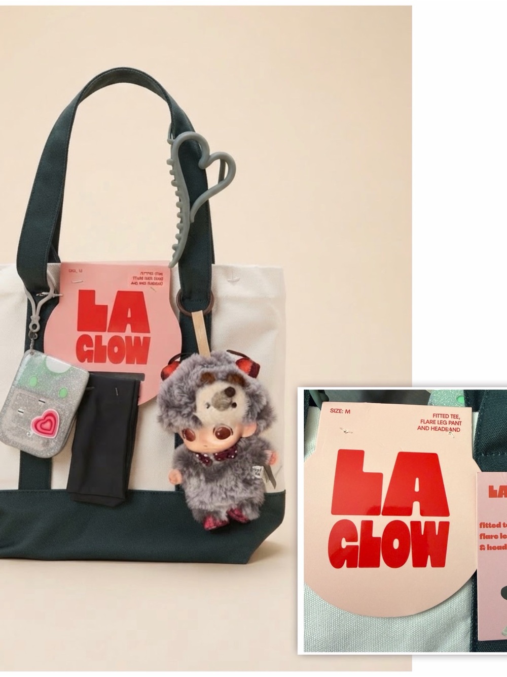 a:glow White and Dark Green Kids Tote with Plush Charm